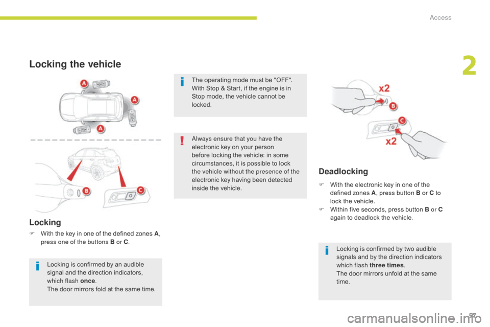 Citroen C4 AIRCROSS RHD 2017 1.G Workshop Manual 57
Locking the vehicle
Locking
F With the key in one of the defined zones A, 
press one of the buttons B or C .
Deadlocking
Locking is confirmed by an audible 
signal and the direction indicators, 
wh