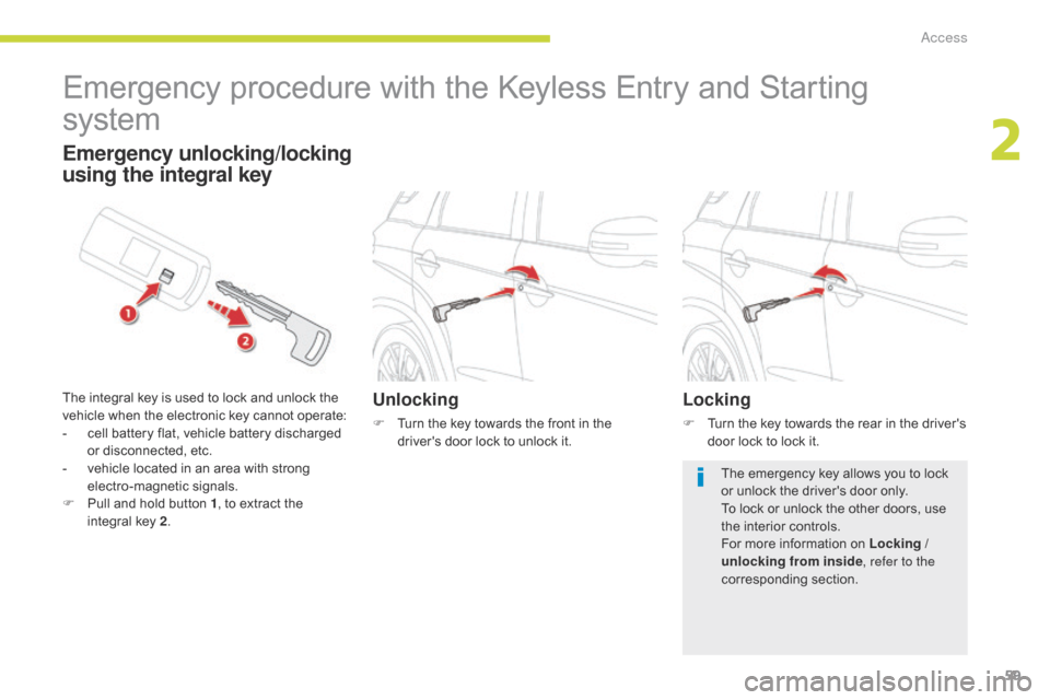 Citroen C4 AIRCROSS RHD 2017 1.G Owners Manual 59
Emergency procedure with the Keyless Entry and Starting 
system
Unlocking
F Turn the key towards the front in the drivers door lock to unlock it.
Emergency unlocking/locking 
using the integral ke