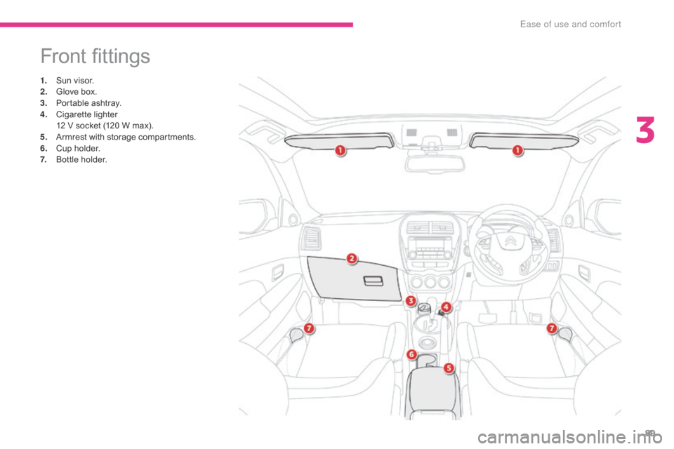 Citroen C4 AIRCROSS RHD 2017 1.G Owners Manual 89
Front fittings
1. Sun visor.
2. Glove box.
3.
 P

ortable ashtray.
4.
 C

igarette lighter
 1

2 V socket (120 W max).
5.
 A

rmrest with storage compartments.
6.
 C

up holder.
7.
 B

ottle holder
