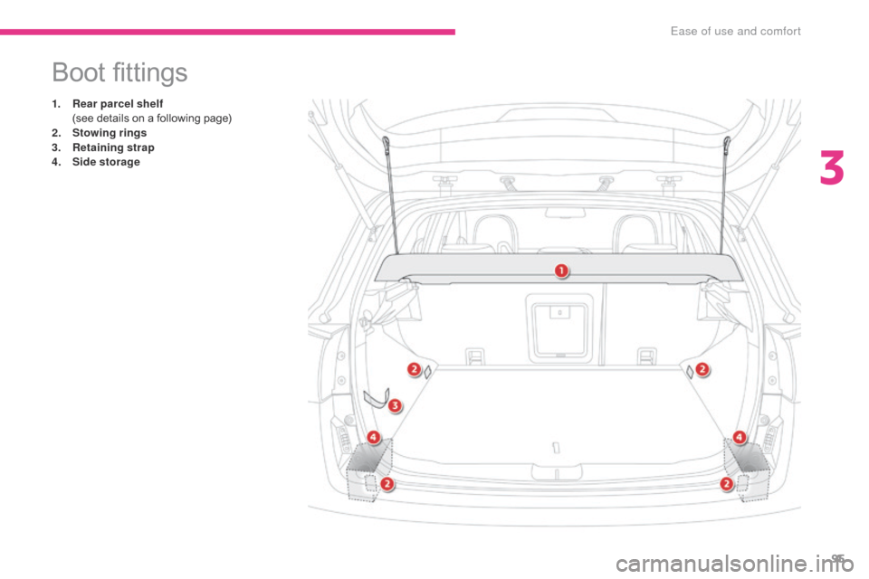 Citroen C4 AIRCROSS RHD 2017 1.G Owners Manual 95
Boot fittings
1. Rear parcel shelf  (
see details on a following page)
2.
 S

towing  rings
3.
 R

etaining strap
4.
 S

ide storage 
3 
Ease of use and comfort  