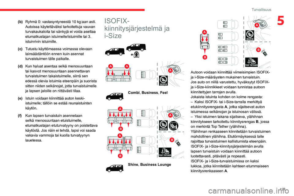 CITROEN JUMPER SPACETOURER 2021 Omistajan Käsikirjat (in Finnish) 121
Turvallisuus
5(b)Ryhmä 0: vastasyntyneestä 10 kg:aan asti.
Autoissa käytettäväksi tarkoitettuja vauvan
turvakaukaloita tai sänkyjä ei voida asettaa
etumatkustajan istuimelle/istuimille CITROEN JUMPER SPACETOURER 2021 Omistajan Käsikirjat (in Finnish) 121
Turvallisuus
5(b)Ryhmä 0: vastasyntyneestä 10 kg:aan asti.
Autoissa käytettäväksi tarkoitettuja vauvan
turvakaukaloita tai sänkyjä ei voida asettaa
etumatkustajan istuimelle/istuimille