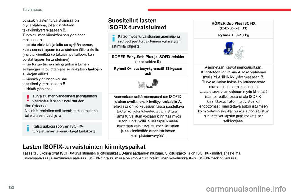 CITROEN JUMPER SPACETOURER 2021 Omistajan Käsikirjat (in Finnish) 122
Turvallisuus
Joissakin lasten turvaistuimissa on
myös ylähihna, joka kiinnitetään
takakiinnitysrenkaaseen B.
Turvaistuimen kiinnittäminen ylähihnan
renkaaseen:
–
poista niskatuki ja l CITROEN JUMPER SPACETOURER 2021 Omistajan Käsikirjat (in Finnish) 122
Turvallisuus
Joissakin lasten turvaistuimissa on
myös ylähihna, joka kiinnitetään
takakiinnitysrenkaaseen B.
Turvaistuimen kiinnittäminen ylähihnan
renkaaseen:
–
poista niskatuki ja l