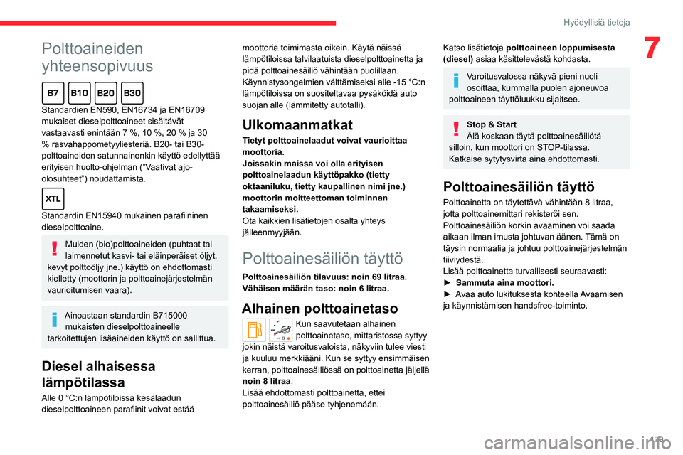 CITROEN JUMPER SPACETOURER 2021 Omistajan Käsikirjat (in Finnish)
179
Hyödyllisiä tietoja
7Polttoaineiden
yhteensopivuus
Standardien EN590, EN16734 ja EN16709 mukaiset dieselpolttoaineet sisältävät
vastaavasti enintään 7 %, 1 CITROEN JUMPER SPACETOURER 2021 Omistajan Käsikirjat (in Finnish)
179
Hyödyllisiä tietoja
7Polttoaineiden
yhteensopivuus
Standardien EN590, EN16734 ja EN16709 mukaiset dieselpolttoaineet sisältävät
vastaavasti enintään 7 %, 1