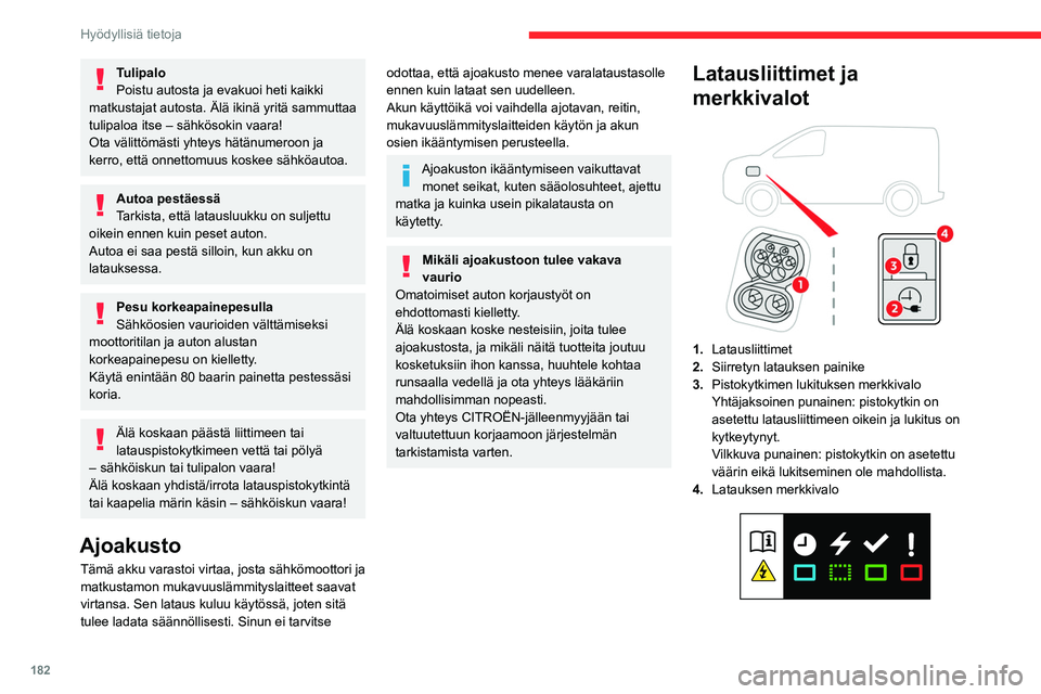 CITROEN JUMPER SPACETOURER 2021 Omistajan Käsikirjat (in Finnish) 182
Hyödyllisiä tietoja
Tulipalo
Poistu autosta ja evakuoi heti kaikki
matkustajat autosta. Älä ikinä yritä sammuttaa
tulipaloa itse – sähkösokin vaara!
Ota välittömästi yhteys hätänu CITROEN JUMPER SPACETOURER 2021 Omistajan Käsikirjat (in Finnish) 182
Hyödyllisiä tietoja
Tulipalo
Poistu autosta ja evakuoi heti kaikki
matkustajat autosta. Älä ikinä yritä sammuttaa
tulipaloa itse – sähkösokin vaara!
Ota välittömästi yhteys hätänu