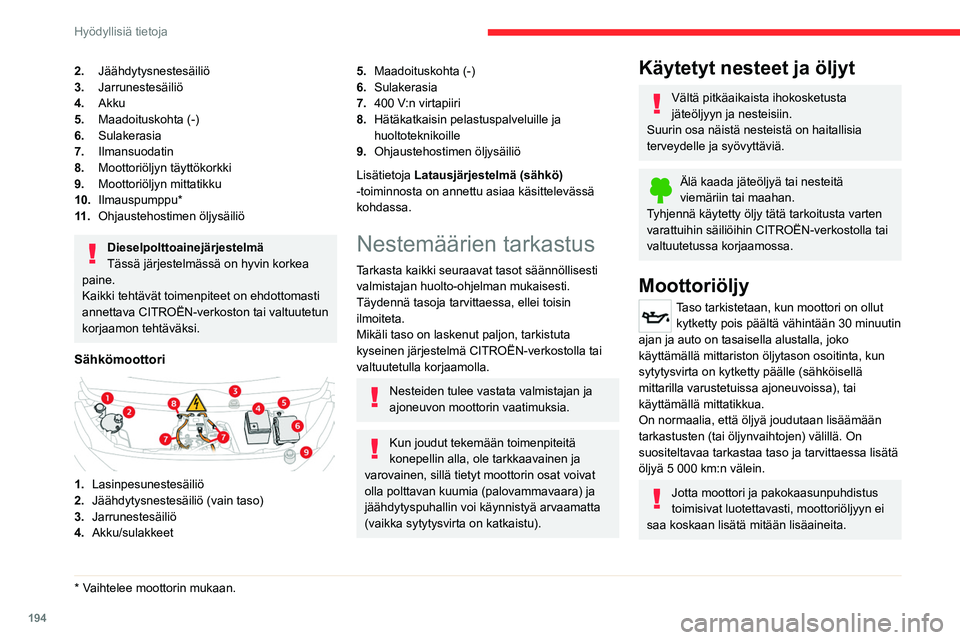 CITROEN JUMPER SPACETOURER 2021 Omistajan Käsikirjat (in Finnish) 194
Hyödyllisiä tietoja
2.Jäähdytysnestesäiliö
3. Jarrunestesäiliö
4. Akku
5. Maadoituskohta (-)
6. Sulakerasia
7. Ilmansuodatin
8. Moottoriöljyn täyttökorkki
9. Moottoriöljyn mittatikku
1 CITROEN JUMPER SPACETOURER 2021 Omistajan Käsikirjat (in Finnish) 194
Hyödyllisiä tietoja
2.Jäähdytysnestesäiliö
3. Jarrunestesäiliö
4. Akku
5. Maadoituskohta (-)
6. Sulakerasia
7. Ilmansuodatin
8. Moottoriöljyn täyttökorkki
9. Moottoriöljyn mittatikku
1