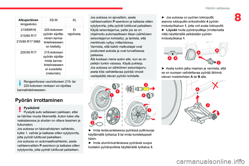 CITROEN JUMPER SPACETOURER 2021 Omistajan Käsikirjat (in Finnish) 2 11
Häiriön sattuessa
8Alkuperäinen rengaskoko XS-M XL
215/65R16 225-kokoisen pyörän sijoitta-minen kanna-
tintelineeseen on kielletty. Ei
rajoitusta.
215/60
R17
215/60
R17
M&S
2 CITROEN JUMPER SPACETOURER 2021 Omistajan Käsikirjat (in Finnish) 2 11
Häiriön sattuessa
8Alkuperäinen rengaskoko XS-M XL
215/65R16 225-kokoisen pyörän sijoitta-minen kanna-
tintelineeseen on kielletty. Ei
rajoitusta.
215/60
R17
215/60
R17
M&S
2