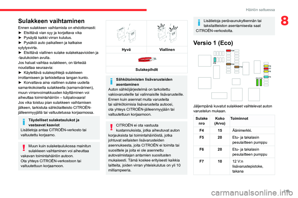 CITROEN JUMPER SPACETOURER 2021 Omistajan Käsikirjat (in Finnish) 219
Häiriön sattuessa
8Sulakkeen vaihtaminen
Ennen sulakkeen vaihtamista on ehdottomasti:
► Etsittävä vian syy ja korjattava vika
► Pysäytä
kaikki virran CITROEN JUMPER SPACETOURER 2021 Omistajan Käsikirjat (in Finnish) 219
Häiriön sattuessa
8Sulakkeen vaihtaminen
Ennen sulakkeen vaihtamista on ehdottomasti:
► Etsittävä vian syy ja korjattava vika
► Pysäytä
kaikki virran