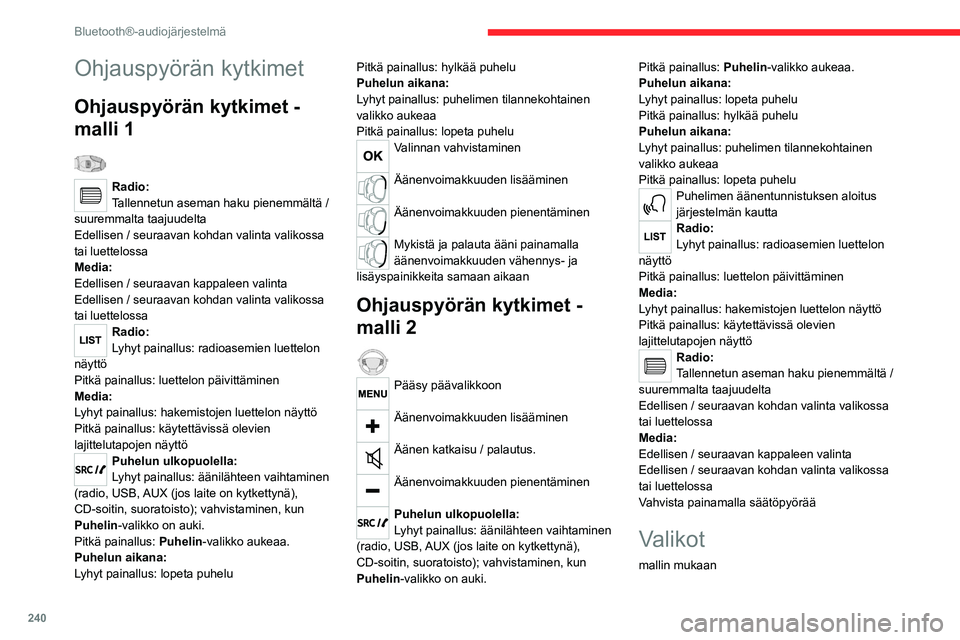 CITROEN JUMPER SPACETOURER 2021 Omistajan Käsikirjat (in Finnish) 240
Bluetooth®-audiojärjestelmä
Multimedia : median, ja radion parametrit
Puhelin: soittaminen, hakemiston
hallinta, puhelimen hallinta, puhelun
lopettaminen
Ajotietokone
Huolto: Diagnostiikka, CITROEN JUMPER SPACETOURER 2021 Omistajan Käsikirjat (in Finnish) 240
Bluetooth®-audiojärjestelmä
Multimedia : median, ja radion parametrit
Puhelin: soittaminen, hakemiston
hallinta, puhelimen hallinta, puhelun
lopettaminen
Ajotietokone
Huolto: Diagnostiikka,