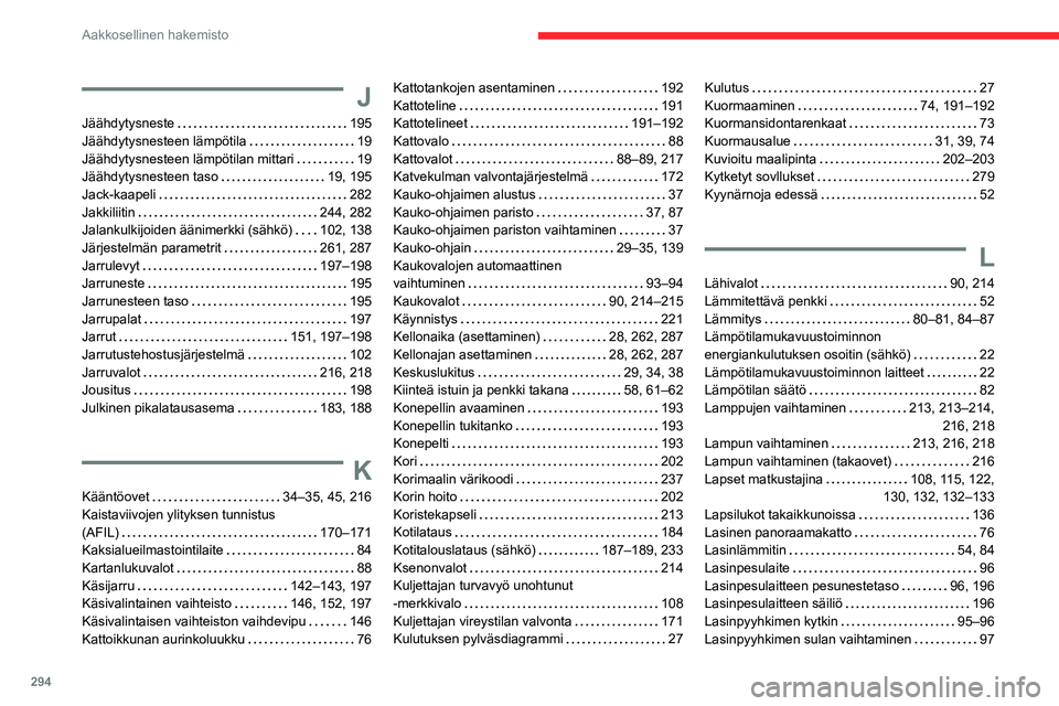 CITROEN JUMPER SPACETOURER 2021 Omistajan Käsikirjat (in Finnish) 294
Aakkosellinen hakemisto
J
Jäähdytysneste 195
Jäähdytysnesteen lämpötila
19
Jäähdytysnesteen lämpötilan mittari
19
Jäähdytysnesteen taso
19, 195
Jack-kaapeli
282 CITROEN JUMPER SPACETOURER 2021 Omistajan Käsikirjat (in Finnish) 294
Aakkosellinen hakemisto
J
Jäähdytysneste 195
Jäähdytysnesteen lämpötila
19
Jäähdytysnesteen lämpötilan mittari
19
Jäähdytysnesteen taso
19, 195
Jack-kaapeli
282