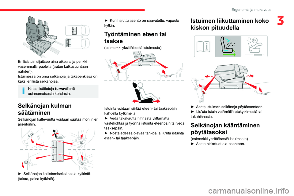 CITROEN JUMPER SPACETOURER 2021 Omistajan Käsikirjat (in Finnish) 63
Ergonomia ja mukavuus
3
Erillisistuin sijaitsee aina oikealla ja penkki
vasemmalla puolella (auton kulkusuuntaan
nähden).
Istuimessa on oma selkänoja ja takapenkissä on
kaksi erillistä sel CITROEN JUMPER SPACETOURER 2021 Omistajan Käsikirjat (in Finnish) 63
Ergonomia ja mukavuus
3
Erillisistuin sijaitsee aina oikealla ja penkki
vasemmalla puolella (auton kulkusuuntaan
nähden).
Istuimessa on oma selkänoja ja takapenkissä on
kaksi erillistä sel