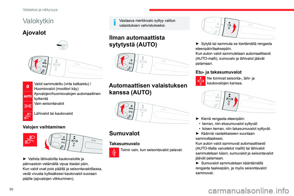 CITROEN JUMPER SPACETOURER 2021 Omistajan Käsikirjat (in Finnish) 90
Valaistus ja näkyvyys
Valokytkin
Ajovalot
Valot sammutettu (virta katkaistu) /
Huomiovalot (moottori käy)
Ajovalojen/huomiovalojen automaattinen kytkentä
Vain seisontavalot
Lähivalot t CITROEN JUMPER SPACETOURER 2021 Omistajan Käsikirjat (in Finnish) 90
Valaistus ja näkyvyys
Valokytkin
Ajovalot
Valot sammutettu (virta katkaistu) /
Huomiovalot (moottori käy)
Ajovalojen/huomiovalojen automaattinen kytkentä
Vain seisontavalot
Lähivalot t