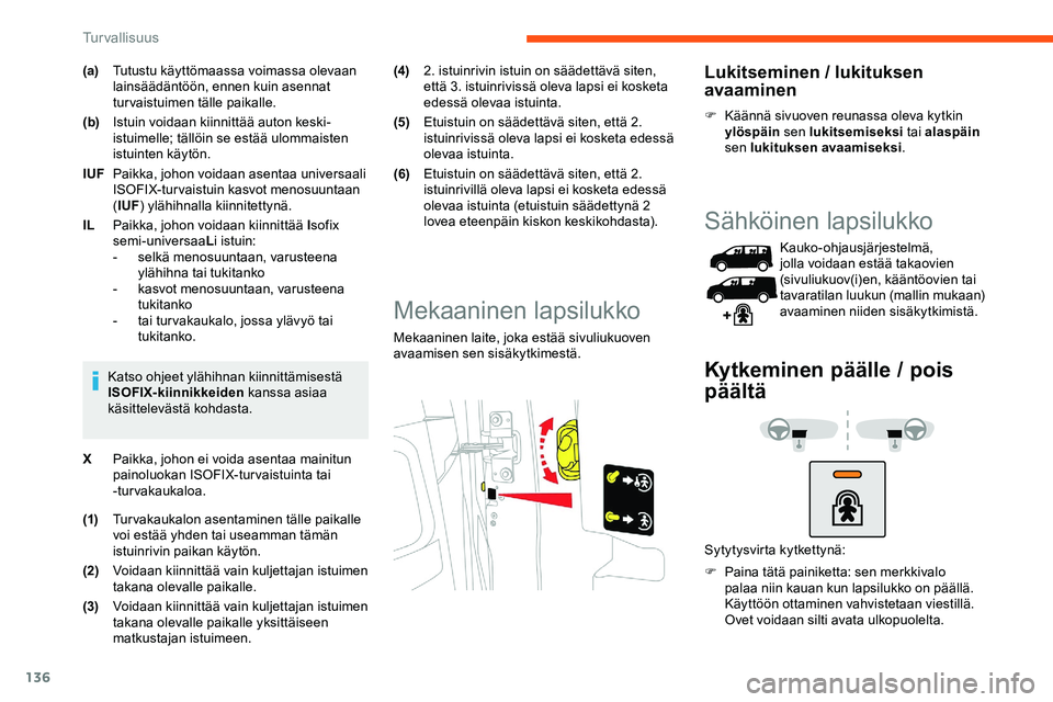 CITROEN JUMPER SPACETOURER 2020 Omistajan Käsikirjat (in Finnish) 136
(a)Tutustu käyttömaassa voimassa olevaan
lainsäädäntöön, ennen kuin asennat
turvaistuimen tälle paikalle.
(b) Istuin voidaan kiinnittää auton keski-
istuimelle; tällöin se estää ul CITROEN JUMPER SPACETOURER 2020 Omistajan Käsikirjat (in Finnish) 136
(a)Tutustu käyttömaassa voimassa olevaan
lainsäädäntöön, ennen kuin asennat
turvaistuimen tälle paikalle.
(b) Istuin voidaan kiinnittää auton keski-
istuimelle; tällöin se estää ul