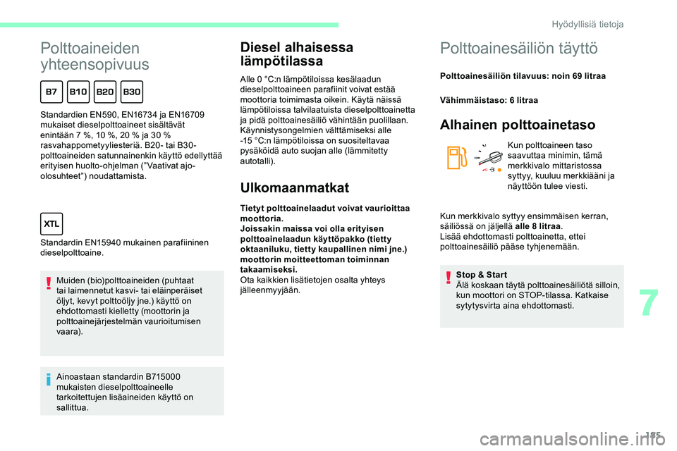 CITROEN JUMPER SPACETOURER 2020 Omistajan Käsikirjat (in Finnish) 185
Polttoaineiden
yhteensopivuus
Muiden (bio)polttoaineiden (puhtaat
tai laimennetut kasvi- tai eläinperäiset
öljyt, kevyt polttoöljy jne.) käyttö on
ehdottomasti kielletty (moottorin ja
p CITROEN JUMPER SPACETOURER 2020 Omistajan Käsikirjat (in Finnish) 185
Polttoaineiden
yhteensopivuus
Muiden (bio)polttoaineiden (puhtaat
tai laimennetut kasvi- tai eläinperäiset
öljyt, kevyt polttoöljy jne.) käyttö on
ehdottomasti kielletty (moottorin ja
p
