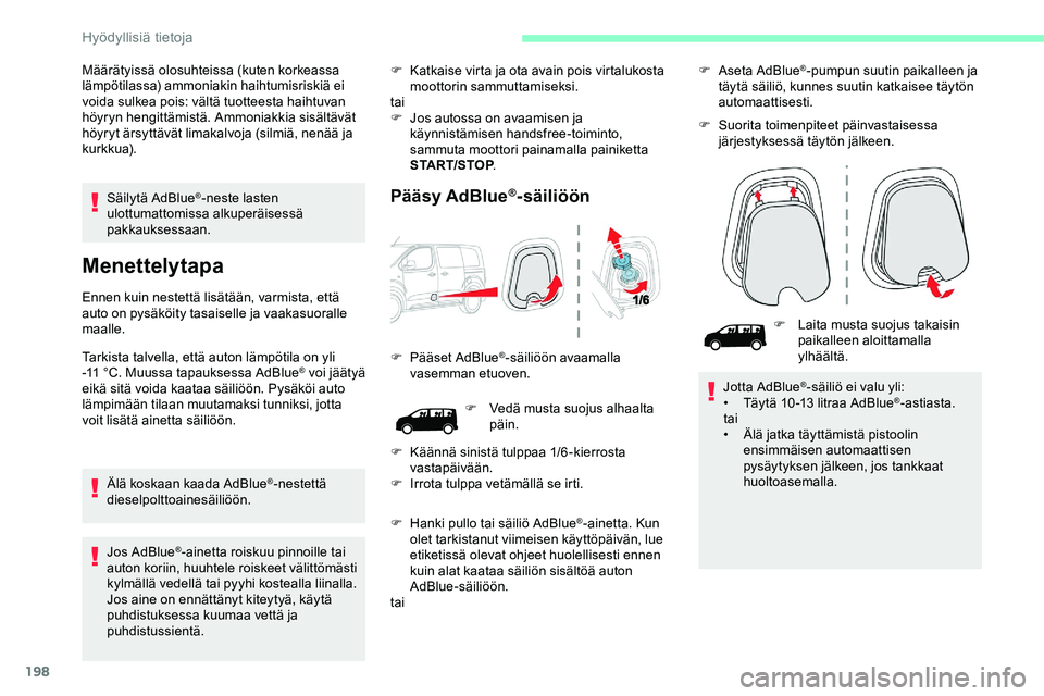 CITROEN JUMPER SPACETOURER 2020 Omistajan Käsikirjat (in Finnish) 198
Säilytä AdBlue®-neste lasten
ulottumattomissa alkuperäisessä
pakkauksessaan.
Menettelytapa
Ennen kuin nestettä lisätään, varmista, että
auto on pysäköity tasaiselle ja vaakasuoralle CITROEN JUMPER SPACETOURER 2020 Omistajan Käsikirjat (in Finnish) 198
Säilytä AdBlue®-neste lasten
ulottumattomissa alkuperäisessä
pakkauksessaan.
Menettelytapa
Ennen kuin nestettä lisätään, varmista, että
auto on pysäköity tasaiselle ja vaakasuoralle