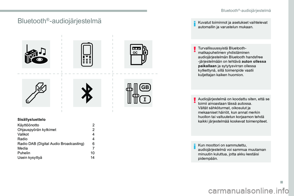 CITROEN JUMPER SPACETOURER 2020 Omistajan Käsikirjat (in Finnish) 1
Bluetooth®-audiojärjestelmä
Sisällysluettelo
Käyttöönotto
2
O
hjauspyörän kytkimet
2
V
alikot
4
R
adio
4
R
adio DAB (Digital Audio Broadcasting)
6
M
edia
7
P
uhelin CITROEN JUMPER SPACETOURER 2020 Omistajan Käsikirjat (in Finnish) 1
Bluetooth®-audiojärjestelmä
Sisällysluettelo
Käyttöönotto
2
O
hjauspyörän kytkimet
2
V
alikot
4
R
adio
4
R
adio DAB (Digital Audio Broadcasting)
6
M
edia
7
P
uhelin