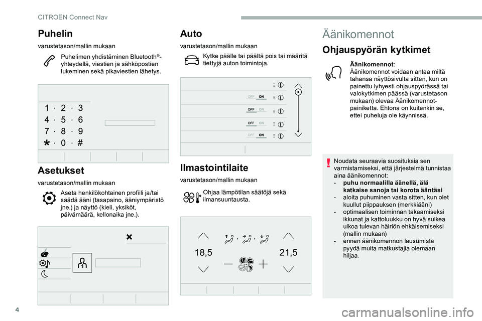 CITROEN JUMPER SPACETOURER 2020 Omistajan Käsikirjat (in Finnish) 4
21,518,5
Puhelin
varustetason/mallin mukaanPuhelimen yhdistäminen Bluetooth
®-
yhteydellä, viestien ja sähköpostien
lukeminen sekä pikaviestien lähetys.
Asetukset
varustetason/mallin mukaan
CITROEN JUMPER SPACETOURER 2020 Omistajan Käsikirjat (in Finnish) 4
21,518,5
Puhelin
varustetason/mallin mukaanPuhelimen yhdistäminen Bluetooth
®-
yhteydellä, viestien ja sähköpostien
lukeminen sekä pikaviestien lähetys.
Asetukset
varustetason/mallin mukaan