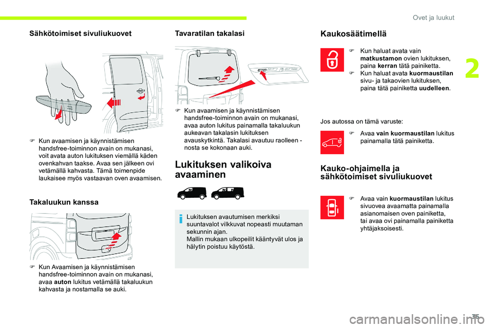 CITROEN JUMPER SPACETOURER 2020 Omistajan Käsikirjat (in Finnish) 35
Sähkötoimiset sivuliukuovet
Takaluukun kanssaTavaratilan takalasi
F Kun avaamisen ja käynnistämisen
handsfree-toiminnon avain on mukanasi,
avaa auton lukitus painamalla takaluukun
aukeavan t CITROEN JUMPER SPACETOURER 2020 Omistajan Käsikirjat (in Finnish) 35
Sähkötoimiset sivuliukuovet
Takaluukun kanssaTavaratilan takalasi
F Kun avaamisen ja käynnistämisen
handsfree-toiminnon avain on mukanasi,
avaa auton lukitus painamalla takaluukun
aukeavan t