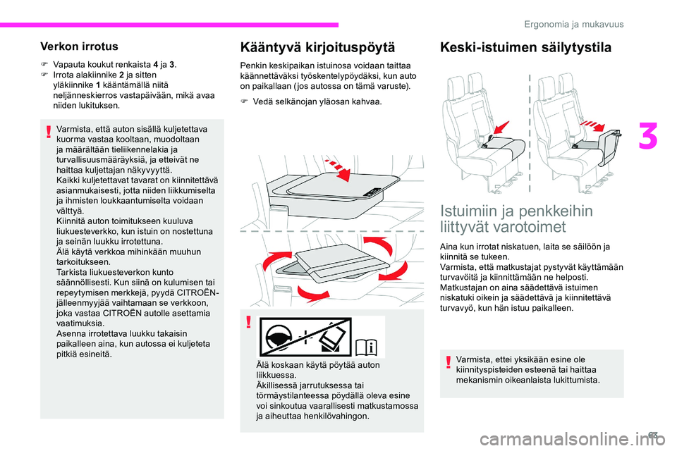 CITROEN JUMPER SPACETOURER 2020 Omistajan Käsikirjat (in Finnish) 63
Verkon irrotus
F Vapauta koukut renkaista 4 ja 3.
F I rrota alakiinnike 2 ja sitten
yläkiinnike 1 kääntämällä niitä
neljänneskierros
vastapäivään, mikä avaa
niiden lukituksen.
Va CITROEN JUMPER SPACETOURER 2020 Omistajan Käsikirjat (in Finnish) 63
Verkon irrotus
F Vapauta koukut renkaista 4 ja 3.
F I rrota alakiinnike 2 ja sitten
yläkiinnike 1 kääntämällä niitä
neljänneskierros
vastapäivään, mikä avaa
niiden lukituksen.
Va