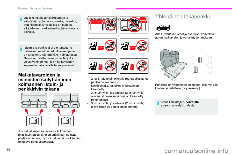 CITROEN JUMPER SPACETOURER 2020 Omistajan Käsikirjat (in Finnish) 64
Matkatavaroiden ja
esineiden säilyttäminen
kolmannen istuin- ja
penkkirivin takana
Ajon aikana matkustaja ei saa olla:Yhtenäinen takapenkki
Alla kuvatut varusteet ja asetukset vaihtelevat
au CITROEN JUMPER SPACETOURER 2020 Omistajan Käsikirjat (in Finnish) 64
Matkatavaroiden ja
esineiden säilyttäminen
kolmannen istuin- ja
penkkirivin takana
Ajon aikana matkustaja ei saa olla:Yhtenäinen takapenkki
Alla kuvatut varusteet ja asetukset vaihtelevat
au
