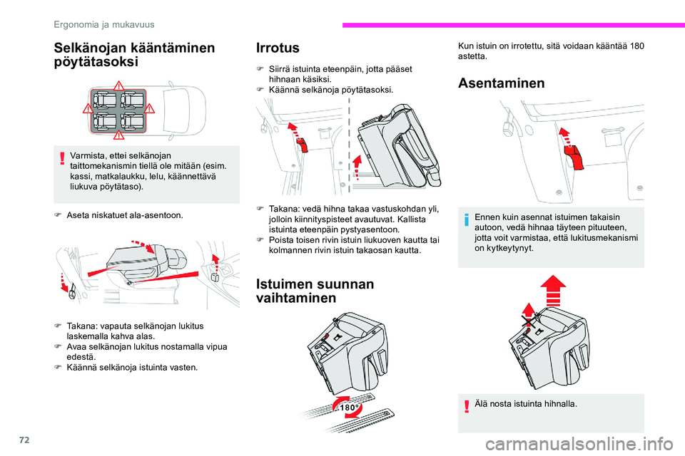CITROEN JUMPER SPACETOURER 2020 Omistajan Käsikirjat (in Finnish) 72
Selkänojan kääntäminen
pöytätasoksi
Varmista, ettei selkänojan
taittomekanismin tiellä ole mitään (esim.
kassi, matkalaukku, lelu, käännettävä
liukuva pöytätaso).
F
A
seta ni CITROEN JUMPER SPACETOURER 2020 Omistajan Käsikirjat (in Finnish) 72
Selkänojan kääntäminen
pöytätasoksi
Varmista, ettei selkänojan
taittomekanismin tiellä ole mitään (esim.
kassi, matkalaukku, lelu, käännettävä
liukuva pöytätaso).
F
A
seta ni