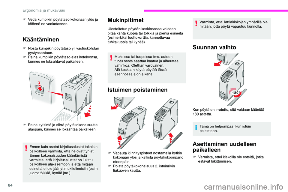 CITROEN JUMPER SPACETOURER 2020 Omistajan Käsikirjat (in Finnish) 84
F Vedä kumpikin pöytätaso kokonaan ylös ja käännä ne vaakatasoon.
Kääntäminen
F Nosta kumpikin pöytätaso yli vastuskohdan pystyasentoon.
F
P
aina kumpikin pöytätaso alas koteloonsa CITROEN JUMPER SPACETOURER 2020 Omistajan Käsikirjat (in Finnish) 84
F Vedä kumpikin pöytätaso kokonaan ylös ja käännä ne vaakatasoon.
Kääntäminen
F Nosta kumpikin pöytätaso yli vastuskohdan pystyasentoon.
F
P
aina kumpikin pöytätaso alas koteloonsa