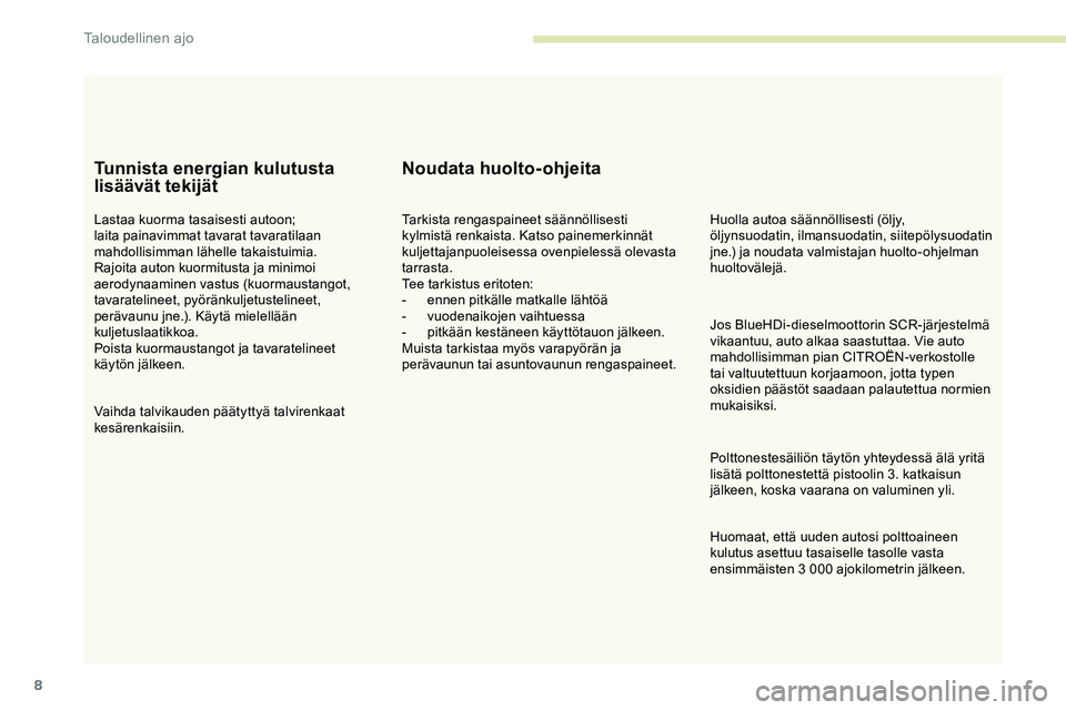 CITROEN JUMPER SPACETOURER 2020 Omistajan Käsikirjat (in Finnish) 8
Tunnista energian kulutusta
lisäävät tekijät
Lastaa kuorma tasaisesti autoon;
laita painavimmat tavarat tavaratilaan
mahdollisimman lähelle takaistuimia.
Rajoita auton kuormitusta ja minimoi CITROEN JUMPER SPACETOURER 2020 Omistajan Käsikirjat (in Finnish) 8
Tunnista energian kulutusta
lisäävät tekijät
Lastaa kuorma tasaisesti autoon;
laita painavimmat tavarat tavaratilaan
mahdollisimman lähelle takaistuimia.
Rajoita auton kuormitusta ja minimoi