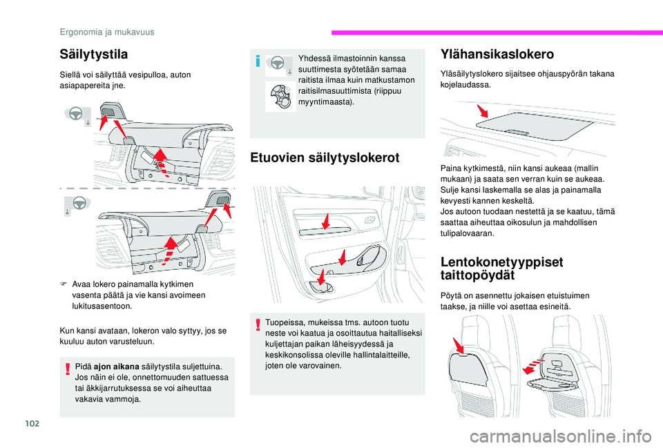 CITROEN JUMPER SPACETOURER 2018  Omistajan Käsikirjat (in Finnish) 102
Säilytystila
Siellä voi säilyttää vesipulloa, auton 
asiapapereita jne.
F 
A
 vaa lokero painamalla kytkimen 
vasenta päätä ja vie kansi avoimeen 
lukitusasentoon.
Kun kansi avataan, loker