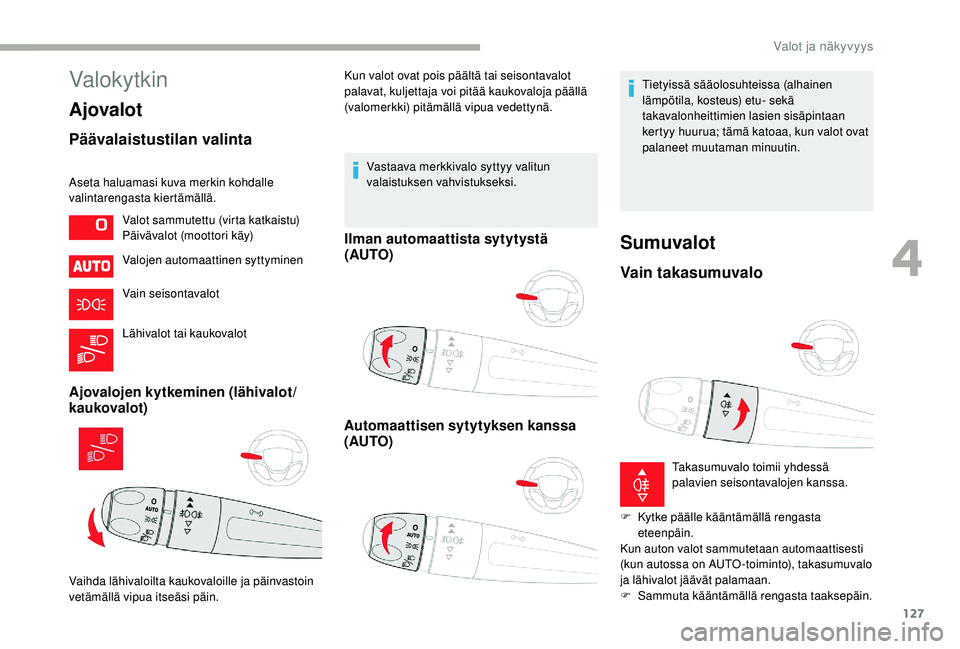 CITROEN JUMPER SPACETOURER 2018  Omistajan Käsikirjat (in Finnish) 127
Valokytkin
Ajovalot
Päävalaistustilan valinta
Aseta haluamasi kuva merkin kohdalle 
valintarengasta kiertämällä.Valojen automaattinen syttyminen
Vain seisontavalot
Lähivalot tai kaukovalot
A