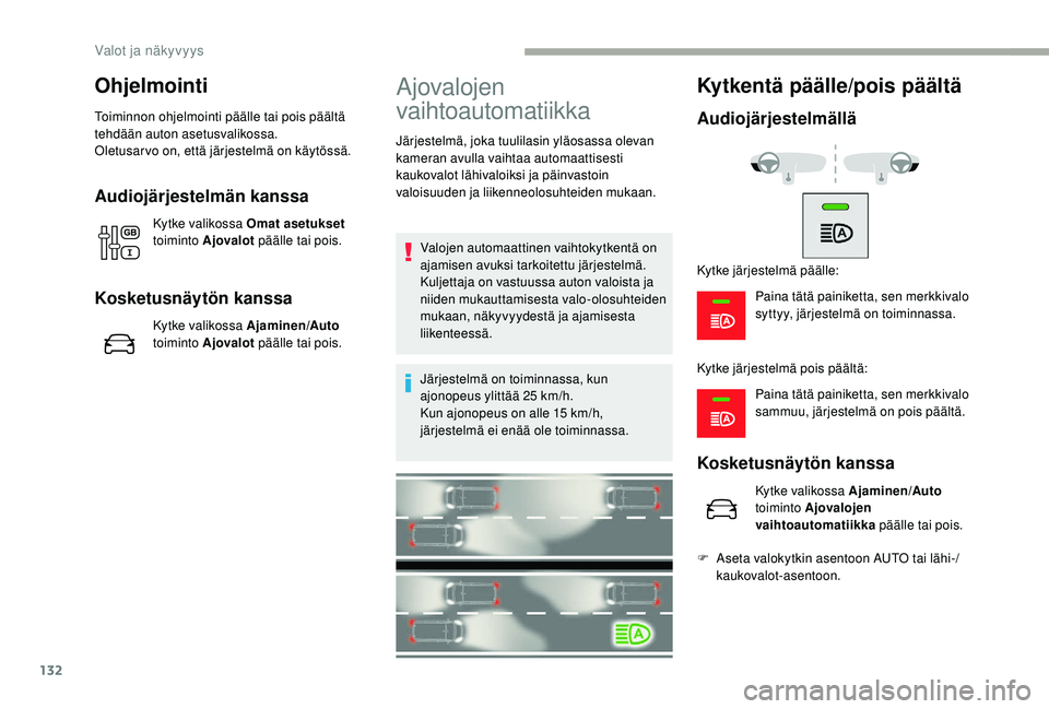 CITROEN JUMPER SPACETOURER 2018  Omistajan Käsikirjat (in Finnish) 132
Ohjelmointi
Toiminnon ohjelmointi päälle tai pois päältä 
tehdään auton asetusvalikossa.
Oletusar vo on, että järjestelmä on käytössä.
Audiojärjestelmän kanssa
Kytke valikossa Omat 
