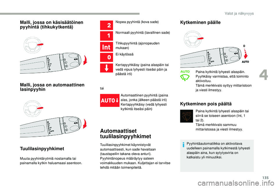 CITROEN JUMPER SPACETOURER 2018  Omistajan Käsikirjat (in Finnish) 135
Malli, jossa on käsisäätöinen 
pyyhintä (tihkukytkentä)
Malli, jossa on automaattinen 
lasinpyyhin
Tuulilasinpyyhkimet
Muuta pyyhintärytmiä nostamalla tai 
painamalla kytkin haluamaasi ase