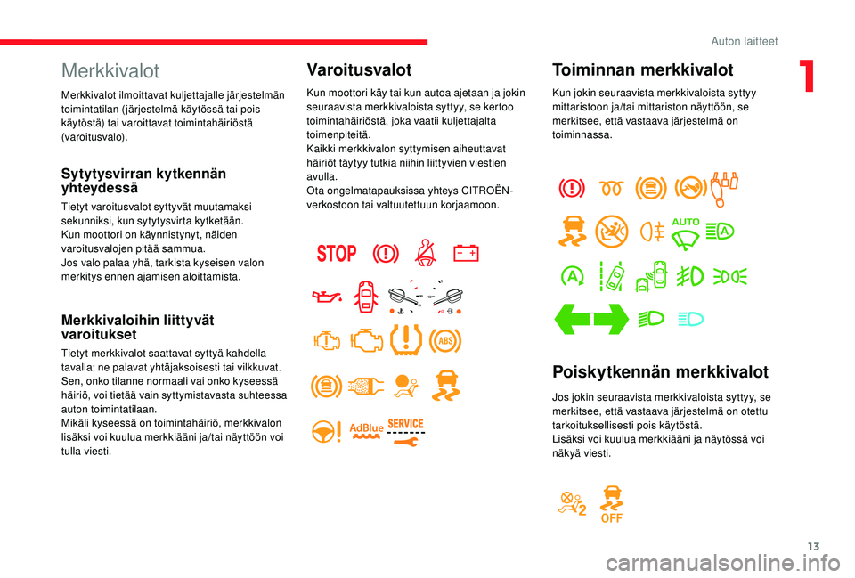 CITROEN JUMPER SPACETOURER 2018  Omistajan Käsikirjat (in Finnish) 13
Toiminnan merkkivalot
Kun jokin seuraavista merkkivaloista syttyy 
mittaristoon ja/tai mittariston näyttöön, se 
merkitsee, että vastaava järjestelmä on 
toiminnassa.
Poiskytkennän merkkival