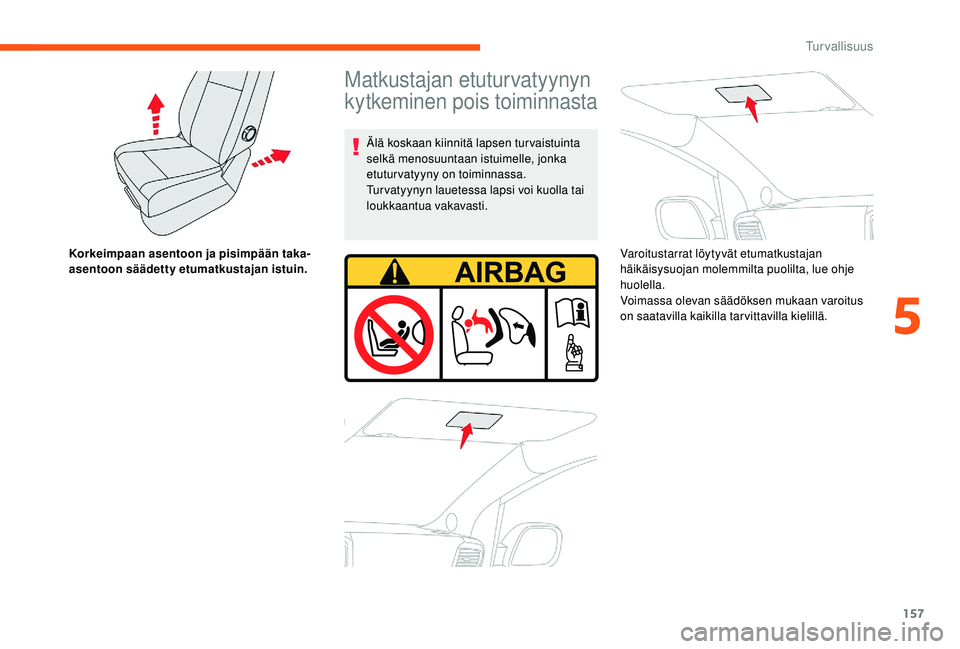 CITROEN JUMPER SPACETOURER 2018 Omistajan Käsikirjat (in Finnish) 157
Korkeimpaan asentoon ja pisimpään taka-
asentoon säädetty etumatkustajan istuin.
Matkustajan etuturvatyynyn
kytkeminen pois toiminnasta
Älä koskaan kiinnitä lapsen turvaistuinta
selkä me CITROEN JUMPER SPACETOURER 2018 Omistajan Käsikirjat (in Finnish) 157
Korkeimpaan asentoon ja pisimpään taka-
asentoon säädetty etumatkustajan istuin.
Matkustajan etuturvatyynyn
kytkeminen pois toiminnasta
Älä koskaan kiinnitä lapsen turvaistuinta
selkä me