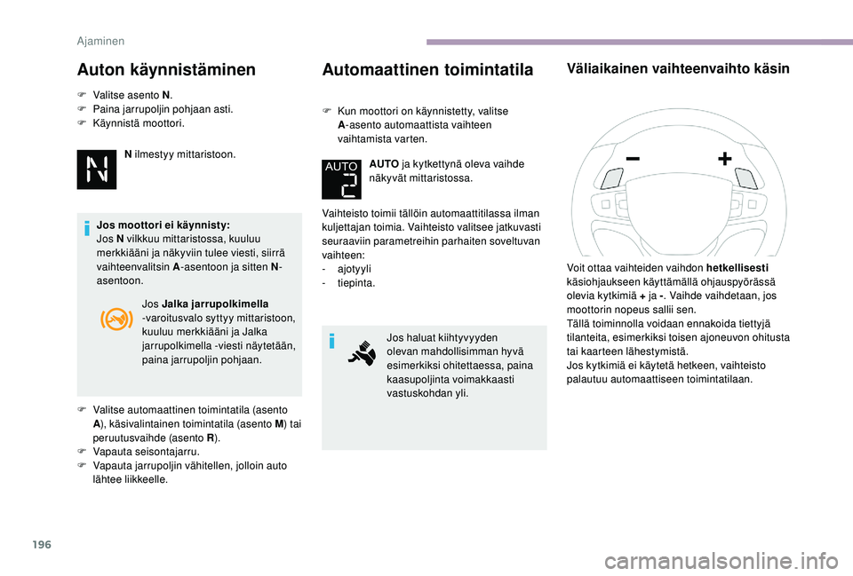 CITROEN JUMPER SPACETOURER 2018 Omistajan Käsikirjat (in Finnish) 196
Auton käynnistäminen
F Valitse asento N.
F P aina jarrupoljin pohjaan asti.
F
Kä
ynnistä moottori.
N ilmestyy mittaristoon.
Jos moottori ei käynnisty:
Jos N vilkkuu mittaristossa, kuuluu CITROEN JUMPER SPACETOURER 2018 Omistajan Käsikirjat (in Finnish) 196
Auton käynnistäminen
F Valitse asento N.
F P aina jarrupoljin pohjaan asti.
F
Kä
ynnistä moottori.
N ilmestyy mittaristoon.
Jos moottori ei käynnisty:
Jos N vilkkuu mittaristossa, kuuluu