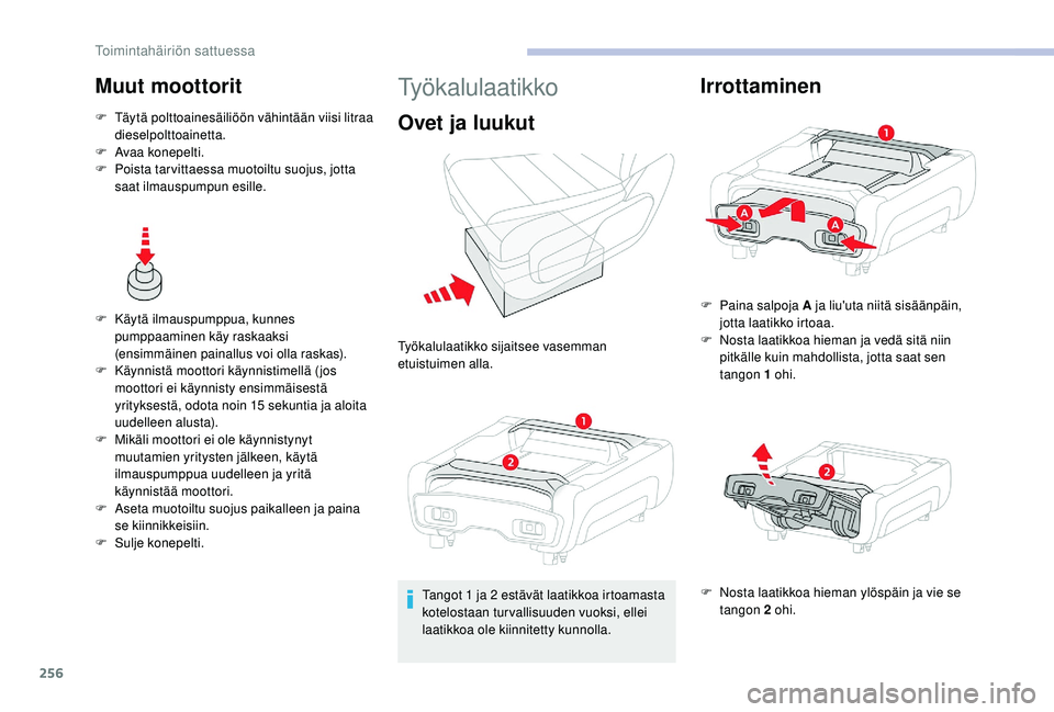 CITROEN JUMPER SPACETOURER 2018 Omistajan Käsikirjat (in Finnish) 256
Muut moottorit
F Täytä polttoainesäiliöön vähintään viisi litraa dieselpolttoainetta.
F
A
vaa konepelti.
F
P
oista tarvittaessa muotoiltu suojus, jotta
saat ilmauspumpun esille.
F
CITROEN JUMPER SPACETOURER 2018 Omistajan Käsikirjat (in Finnish) 256
Muut moottorit
F Täytä polttoainesäiliöön vähintään viisi litraa dieselpolttoainetta.
F
A
vaa konepelti.
F
P
oista tarvittaessa muotoiltu suojus, jotta
saat ilmauspumpun esille.
F