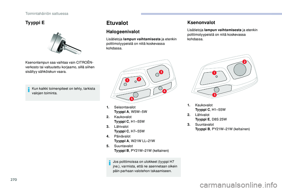 CITROEN JUMPER SPACETOURER 2018 Omistajan Käsikirjat (in Finnish) 270
Ty y p p i E
Kun kaikki toimenpiteet on tehty, tarkista
valojen toiminta.
Etuvalot
Halogeenivalot
Ksenonlampun saa vaihtaa vain CITROËN-
verkosto tai valtuutettu korjaamo, sillä siihen
sisäl CITROEN JUMPER SPACETOURER 2018 Omistajan Käsikirjat (in Finnish) 270
Ty y p p i E
Kun kaikki toimenpiteet on tehty, tarkista
valojen toiminta.
Etuvalot
Halogeenivalot
Ksenonlampun saa vaihtaa vain CITROËN-
verkosto tai valtuutettu korjaamo, sillä siihen
sisäl