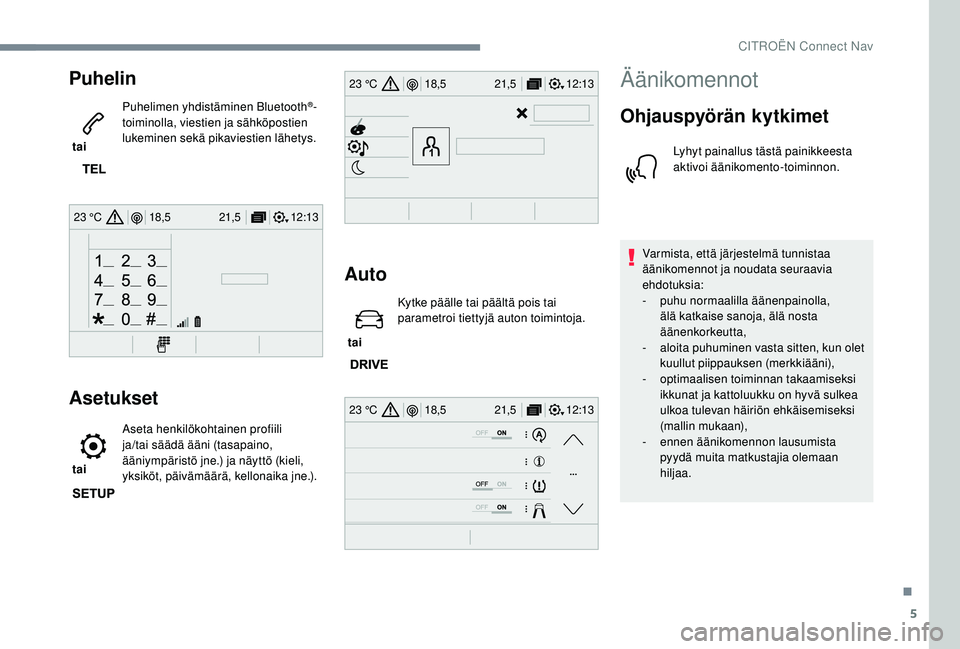 CITROEN JUMPER SPACETOURER 2018 Omistajan Käsikirjat (in Finnish) 5
12:13
18,5 21,5
23 °C
12:13
18,5 21,5
23 °C
12:13
18,5 21,5
23 °C
Puhelin
tai Puhelimen yhdistäminen Bluetooth
®-
toiminolla, viestien ja sähköpostien
lukeminen sekä pikaviestien lähetys CITROEN JUMPER SPACETOURER 2018 Omistajan Käsikirjat (in Finnish) 5
12:13
18,5 21,5
23 °C
12:13
18,5 21,5
23 °C
12:13
18,5 21,5
23 °C
Puhelin
tai Puhelimen yhdistäminen Bluetooth
®-
toiminolla, viestien ja sähköpostien
lukeminen sekä pikaviestien lähetys