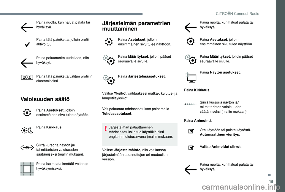 CITROEN JUMPER SPACETOURER 2018 Omistajan Käsikirjat (in Finnish) 19
Paina nuolta, kun haluat palata tai
hyväksyä.
Paina tätä painiketta, jolloin profiili
aktivoituu.
Paina paluunuolta uudelleen, niin
hyväksyt.
Paina tätä painiketta valitun profiilin
alus CITROEN JUMPER SPACETOURER 2018 Omistajan Käsikirjat (in Finnish) 19
Paina nuolta, kun haluat palata tai
hyväksyä.
Paina tätä painiketta, jolloin profiili
aktivoituu.
Paina paluunuolta uudelleen, niin
hyväksyt.
Paina tätä painiketta valitun profiilin
alus