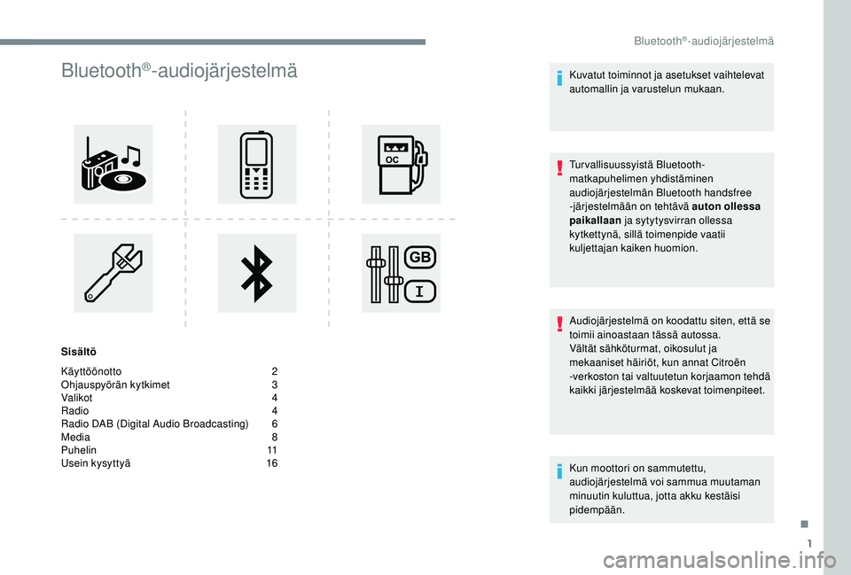 CITROEN JUMPER SPACETOURER 2018  Omistajan Käsikirjat (in Finnish) 1
Bluetooth®-audiojärjestelmä
Sisältö
Käyttöönotto  
2
O

hjauspyörän kytkimet   
3
V

alikot   
4
R

adio   
4
R

adio DAB (Digital Audio Broadcasting)   
6
M

edia   
8
P

uhelin   
1
 1
U
