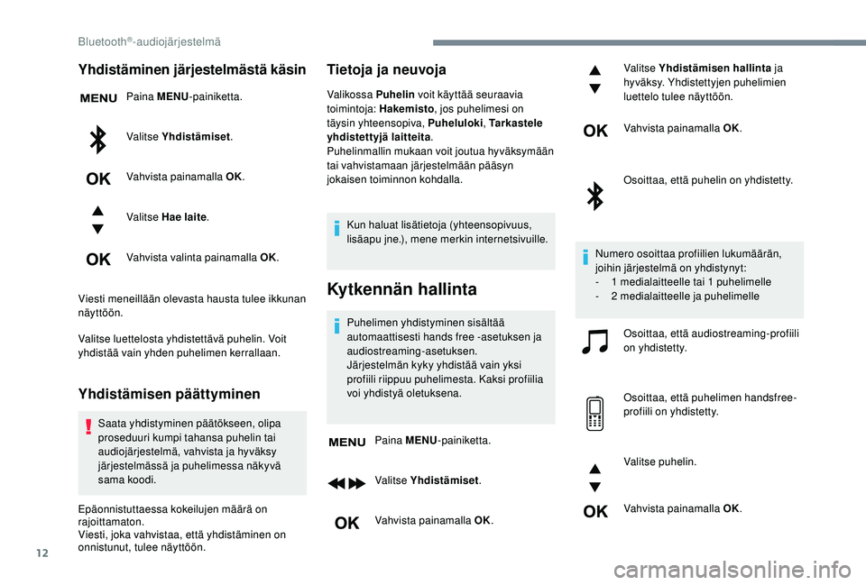 CITROEN JUMPER SPACETOURER 2018 Omistajan Käsikirjat (in Finnish) 12
Yhdistäminen järjestelmästä käsin
Paina MENU-painiketta.
Valitse Yhdistämiset .
Vahvista painamalla OK.
Valitse Hae laite .
Vahvista valinta painamalla OK.
Viesti meneillään olevasta hausta CITROEN JUMPER SPACETOURER 2018 Omistajan Käsikirjat (in Finnish) 12
Yhdistäminen järjestelmästä käsin
Paina MENU-painiketta.
Valitse Yhdistämiset .
Vahvista painamalla OK.
Valitse Hae laite .
Vahvista valinta painamalla OK.
Viesti meneillään olevasta hausta
