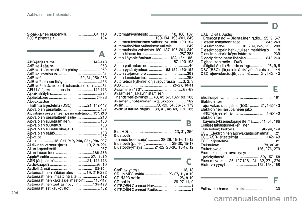 CITROEN JUMPER SPACETOURER 2018  Omistajan Käsikirjat (in Finnish) 294
2-paikkainen etupenkki ...........................84, 148
230 V pistorasia   ............................................ 104
A
ABS-järjestelmä ..................................... 142-143
AdBl