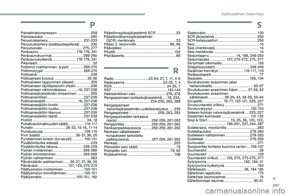 CITROEN JUMPER SPACETOURER 2018  Omistajan Käsikirjat (in Finnish) 297
Päästönrajoitusjärjestelmä SCR ....................23
Päästönvähennysjärjestelmän  (SCR) merkkivalo
 

......................................... 23
Pääsy 3. istuinriville
 
..........
