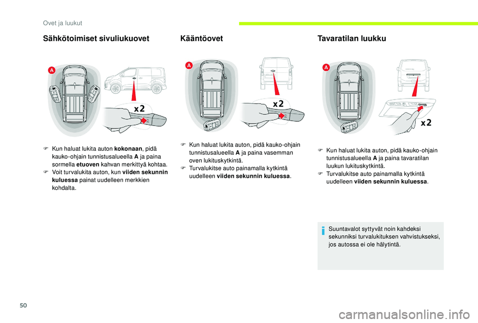 CITROEN JUMPER SPACETOURER 2018 Omistajan Käsikirjat (in Finnish) 50
Sähkötoimiset sivuliukuovet
F Kun haluat lukita auton kokonaan, pidä
kauko-ohjain tunnistusalueella A ja paina
sormella etuoven kahvan merkittyä kohtaa.
F
V
oit tur valukita auton, kun vi CITROEN JUMPER SPACETOURER 2018 Omistajan Käsikirjat (in Finnish) 50
Sähkötoimiset sivuliukuovet
F Kun haluat lukita auton kokonaan, pidä
kauko-ohjain tunnistusalueella A ja paina
sormella etuoven kahvan merkittyä kohtaa.
F
V
oit tur valukita auton, kun vi