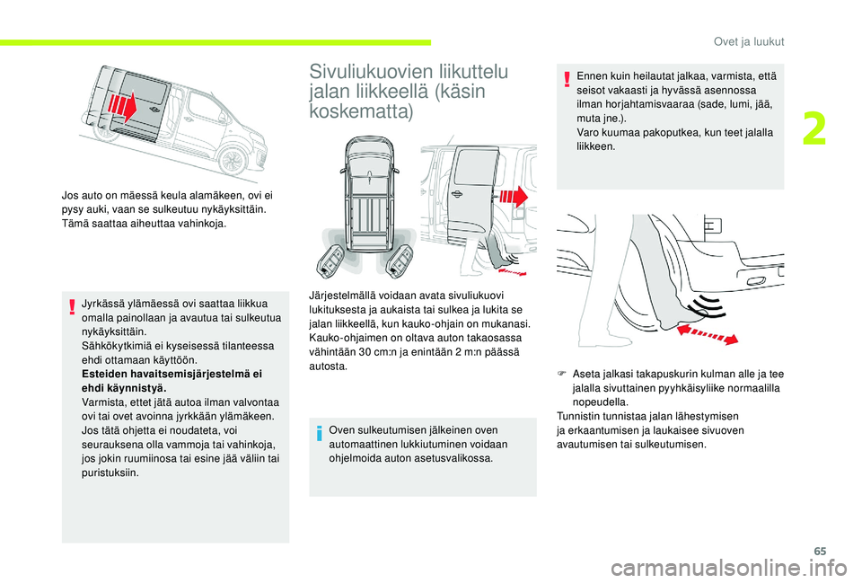 CITROEN JUMPER SPACETOURER 2018 Omistajan Käsikirjat (in Finnish) 65
Jos auto on mäessä keula alamäkeen, ovi ei
pysy auki, vaan se sulkeutuu nykäyksittäin.
Tämä saattaa aiheuttaa vahinkoja.Jyrkässä ylämäessä ovi saattaa liikkua
omalla painollaan ja av CITROEN JUMPER SPACETOURER 2018 Omistajan Käsikirjat (in Finnish) 65
Jos auto on mäessä keula alamäkeen, ovi ei
pysy auki, vaan se sulkeutuu nykäyksittäin.
Tämä saattaa aiheuttaa vahinkoja.Jyrkässä ylämäessä ovi saattaa liikkua
omalla painollaan ja av