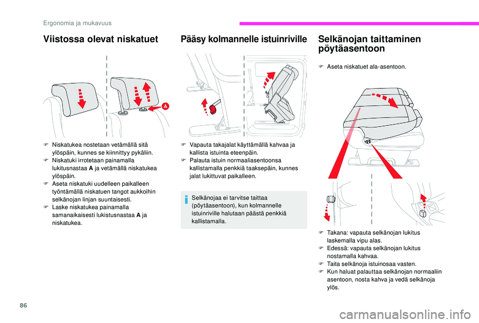 CITROEN JUMPER SPACETOURER 2018  Omistajan Käsikirjat (in Finnish) 86
Viistossa olevat niskatuet
F Niskatukea nostetaan vetämällä sitä ylöspäin, kunnes se kiinnittyy pykäliin.
F
 
N
 iskatuki irrotetaan painamalla 
lukitusnastaa A ja vetämällä niskatukea 
y