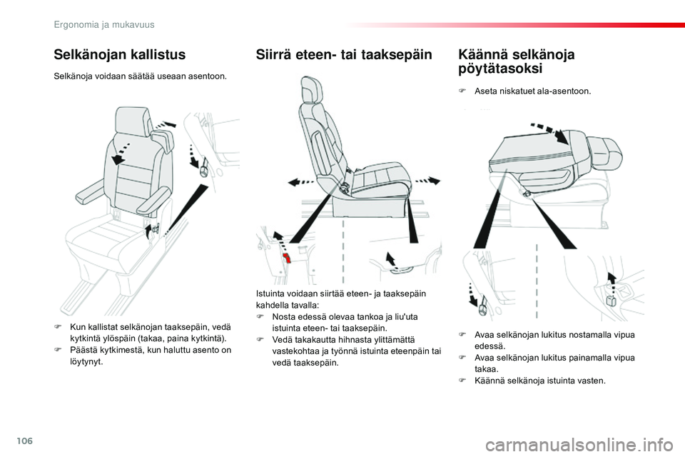 CITROEN JUMPER SPACETOURER 2017  Omistajan Käsikirjat (in Finnish) 106
Spacetourer-VP_fi_Chap03_ergonomie-et-confort_ed01-2016
Käännä selkänoja 
pöytätasoksi
F Aseta niskatuet ala-asentoon.
Siirrä eteen- tai taaksepäin
Istuinta voidaan siirtää eteen- ja taa