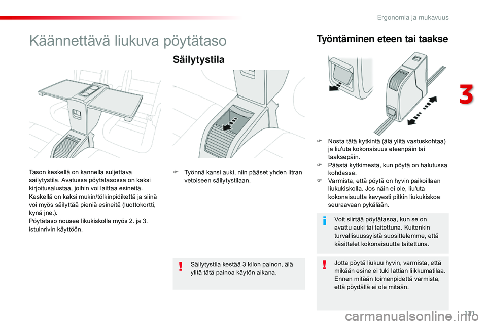 CITROEN JUMPER SPACETOURER 2017 Omistajan Käsikirjat (in Finnish) 121
Spacetourer-VP_fi_Chap03_ergonomie-et-confort_ed01-2016
Käännettävä liukuva pöytätaso
Säilytystila
Jotta pöytä liukuu hyvin, varmista, että
mikään esine ei tuki lattian liikkumatilaa. CITROEN JUMPER SPACETOURER 2017 Omistajan Käsikirjat (in Finnish) 121
Spacetourer-VP_fi_Chap03_ergonomie-et-confort_ed01-2016
Käännettävä liukuva pöytätaso
Säilytystila
Jotta pöytä liukuu hyvin, varmista, että
mikään esine ei tuki lattian liikkumatilaa.