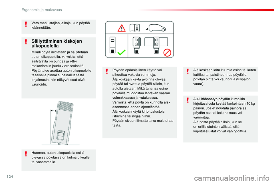 CITROEN JUMPER SPACETOURER 2017 Omistajan Käsikirjat (in Finnish) 124
Spacetourer-VP_fi_Chap03_ergonomie-et-confort_ed01-2016
Varo matkustajien jalkoja, kun pöytää
käännetään.Pöydän epäasiallinen käyttö voi
aiheuttaa vakavia vammoja.
Älä koskaan käy CITROEN JUMPER SPACETOURER 2017 Omistajan Käsikirjat (in Finnish) 124
Spacetourer-VP_fi_Chap03_ergonomie-et-confort_ed01-2016
Varo matkustajien jalkoja, kun pöytää
käännetään.Pöydän epäasiallinen käyttö voi
aiheuttaa vakavia vammoja.
Älä koskaan käy