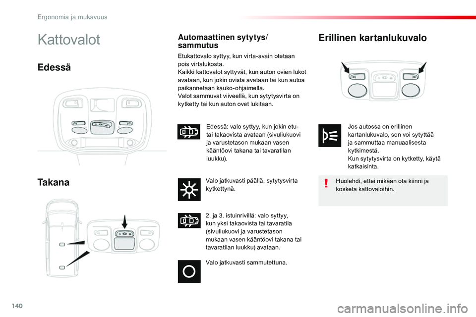 CITROEN JUMPER SPACETOURER 2017 Omistajan Käsikirjat (in Finnish) 140
Spacetourer-VP_fi_Chap03_ergonomie-et-confort_ed01-2016
Erillinen kartanlukuvalo
Ta k a n aKattovalotAutomaattinen sytytys/
sammutus
Etukattovalo syttyy, kun virta-avain otetaan
pois virtalukosta CITROEN JUMPER SPACETOURER 2017 Omistajan Käsikirjat (in Finnish) 140
Spacetourer-VP_fi_Chap03_ergonomie-et-confort_ed01-2016
Erillinen kartanlukuvalo
Ta k a n aKattovalotAutomaattinen sytytys/
sammutus
Etukattovalo syttyy, kun virta-avain otetaan
pois virtalukosta