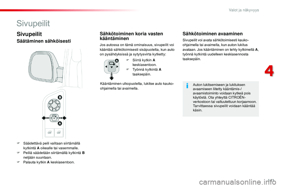 CITROEN JUMPER SPACETOURER 2017 Omistajan Käsikirjat (in Finnish) 141
Spacetourer-VP_fi_Chap04_eclairage-et-visibilite_ed01-2016
F Säädettävä peili valitaan siirtämällä kytkintä A oikealle tai vasemmalle.
F
Pe
iliä säädetään siirtämällä kytkintä CITROEN JUMPER SPACETOURER 2017 Omistajan Käsikirjat (in Finnish) 141
Spacetourer-VP_fi_Chap04_eclairage-et-visibilite_ed01-2016
F Säädettävä peili valitaan siirtämällä kytkintä A oikealle tai vasemmalle.
F
Pe
iliä säädetään siirtämällä kytkintä