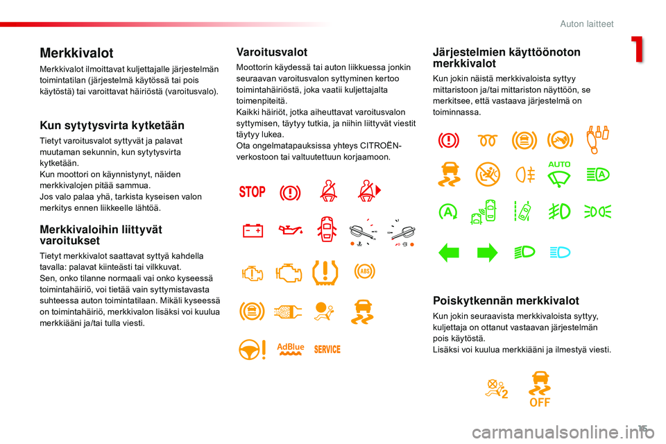 CITROEN JUMPER SPACETOURER 2017 Omistajan Käsikirjat (in Finnish) 15
Spacetourer-VP_fi_Chap01_instruments-de-bord_ed01-2016
Merkkivalot
Merkkivalot ilmoittavat kuljettajalle järjestelmän
toimintatilan ( järjestelmä käytössä tai pois
käytöstä) tai varoitt CITROEN JUMPER SPACETOURER 2017 Omistajan Käsikirjat (in Finnish) 15
Spacetourer-VP_fi_Chap01_instruments-de-bord_ed01-2016
Merkkivalot
Merkkivalot ilmoittavat kuljettajalle järjestelmän
toimintatilan ( järjestelmä käytössä tai pois
käytöstä) tai varoitt